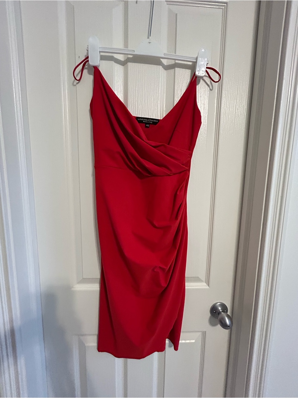 Chiara Boni La Petite Robe Red Draped Midi Slip Dress with Spaghetti Straps